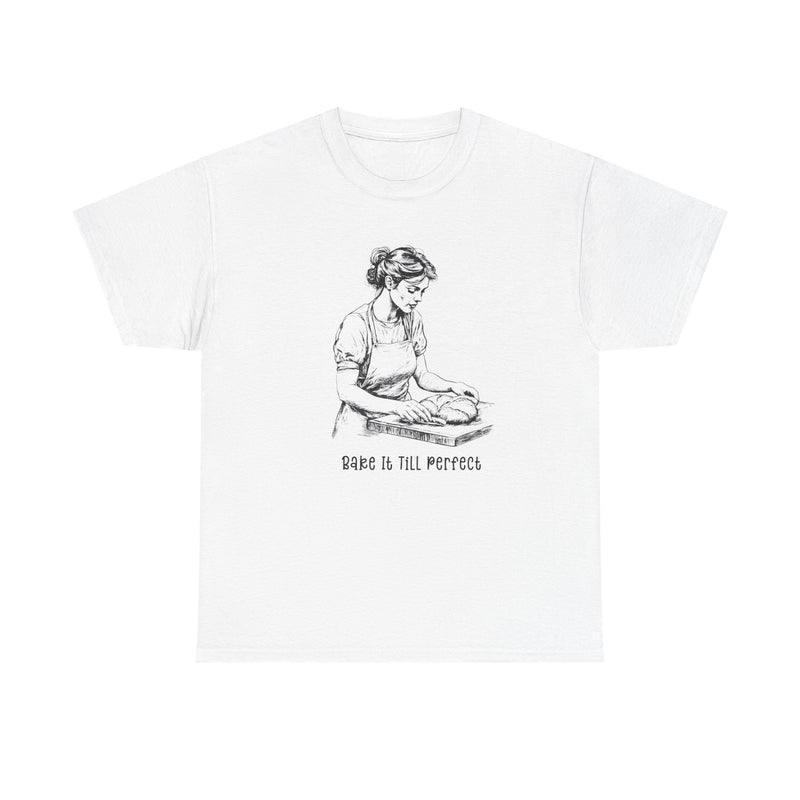 Front view of baker shirt with baking recipes quote and graphic