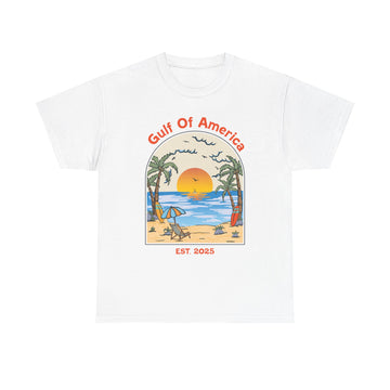 Front view of Gulf of America shirt with beach graphic and patriotic theme