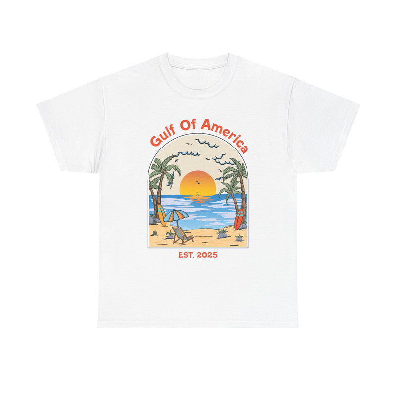 Front view of Gulf of America shirt with beach graphic and patriotic theme