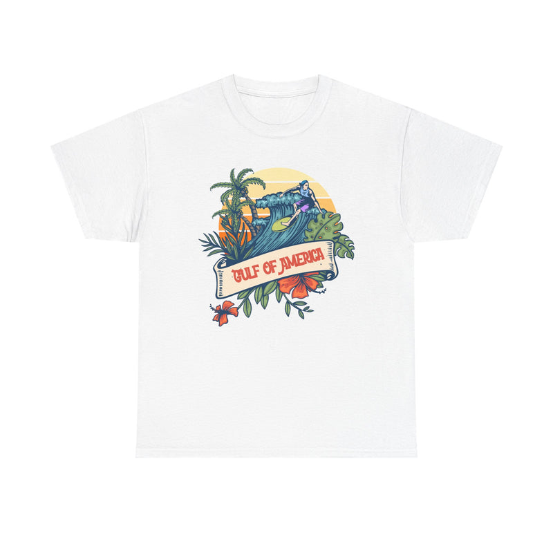Front view of Gulf of America shirt with retro summer graphic