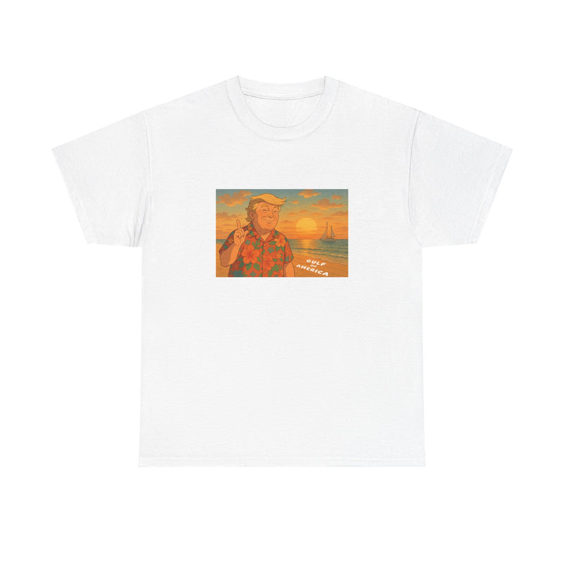 Front view of Gulf of America shirt with retro sunset design