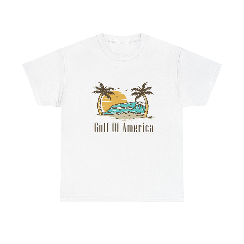 Front view of Gulf of America shirt with tropical beach graphic
