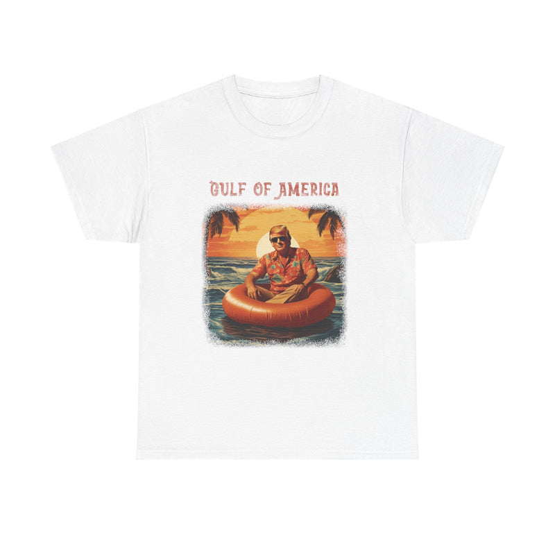 Front view of Gulf of America shirt with retro beach and patriotic design