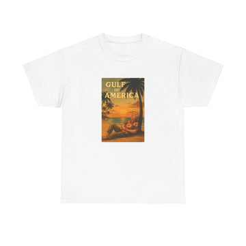 Front view of Gulf of America shirt with vintage beach design