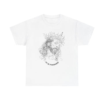 Front view of “It Is Finished” Good Friday tee with bold Christian message