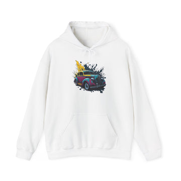 Front view of retro car hoodie with vintage graphic for car lovers
