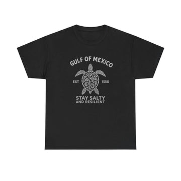 Front view of Stay Salty Gulf of Mexico shirt with vintage turtle graphic