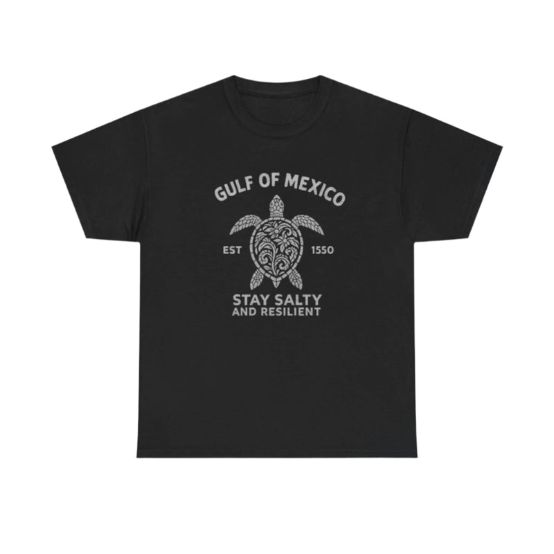 Front view of Stay Salty Gulf of Mexico shirt with vintage turtle graphic