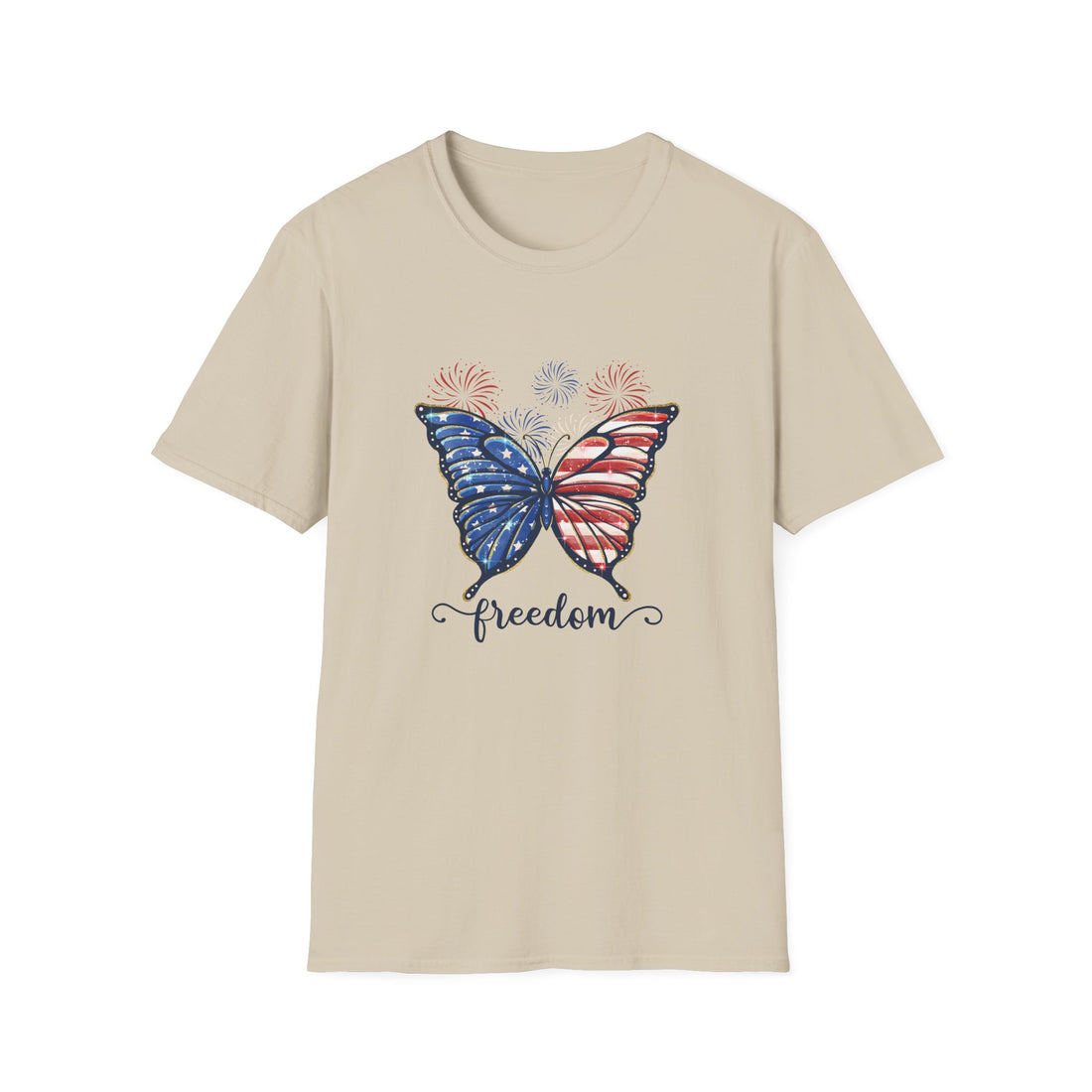 Butterfly Freedom Tee with American flag colors and fireworks – front view