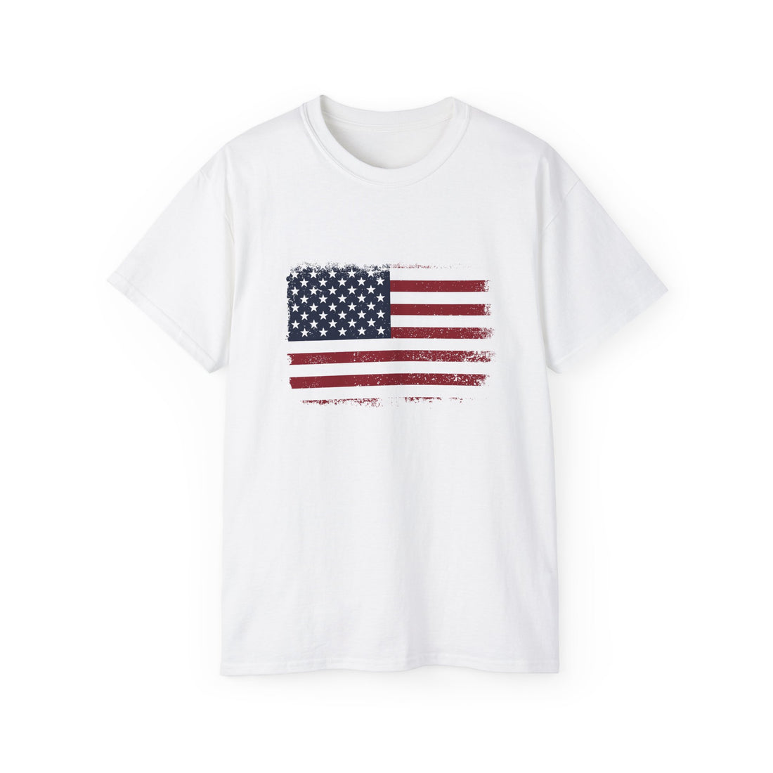 Front view of American Flag Tee Shirt with bold patriotic graphic