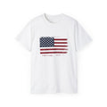 Front view of American Flag Tee Shirt with bold patriotic graphic