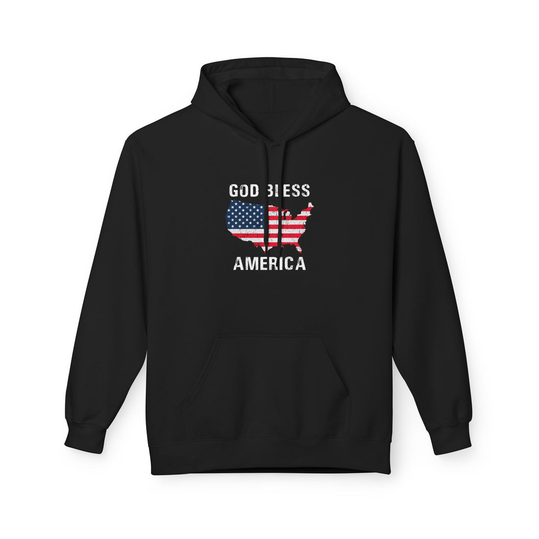 Front view of God Bless America hoodie with USA map graphic