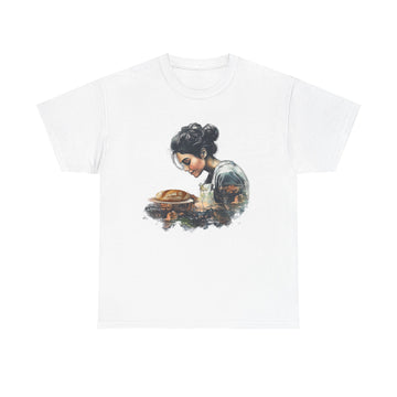 Front view of artistic baker shirt with retro baking design