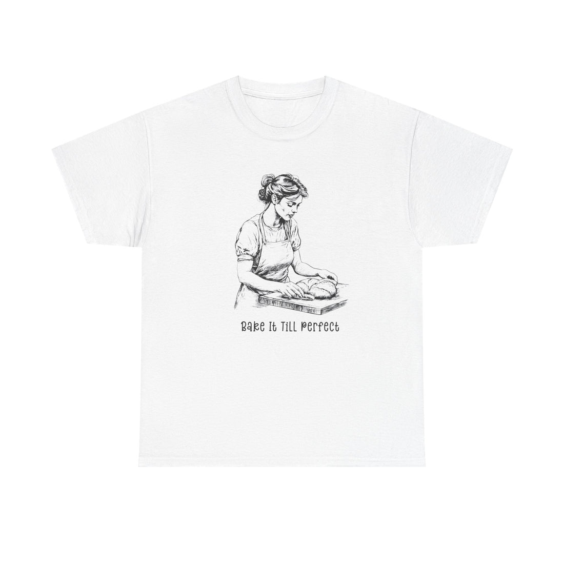 Front view of baker shirt with baking recipes quote and graphic