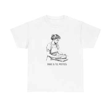 Front view of baker shirt with baking recipes quote and graphic