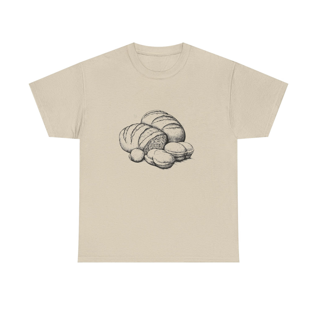 Front view of vintage bakery shirt with hand-drawn bread illustration