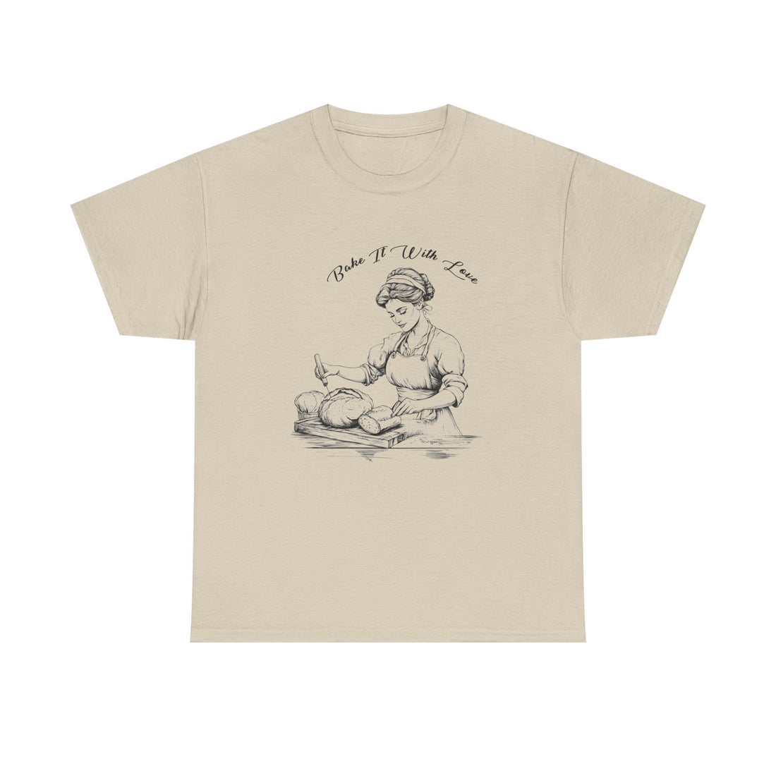 Front view of vintage baker shirt with retro baking graphic