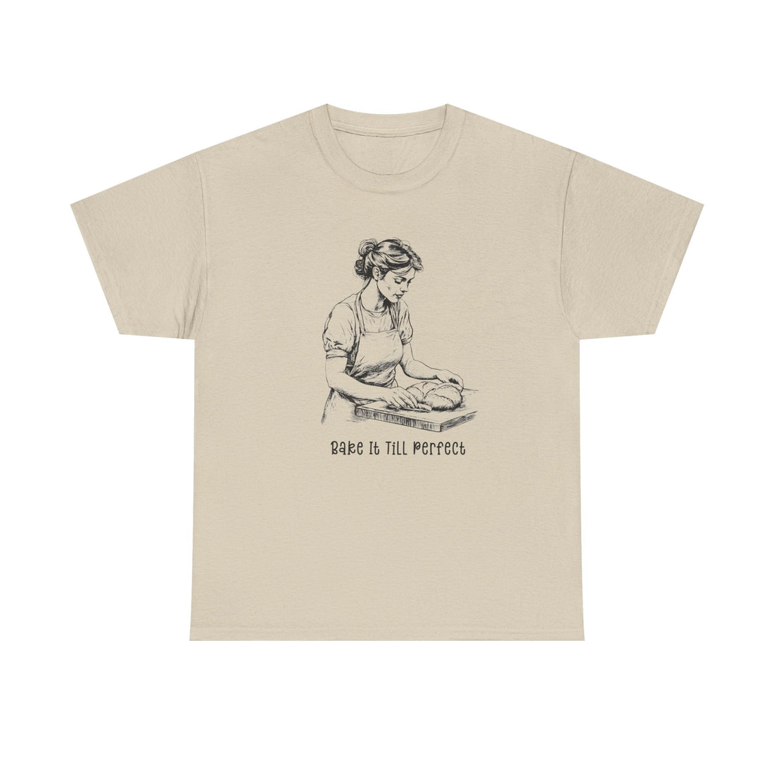 Front view of baker shirt with baking recipes quote and graphic