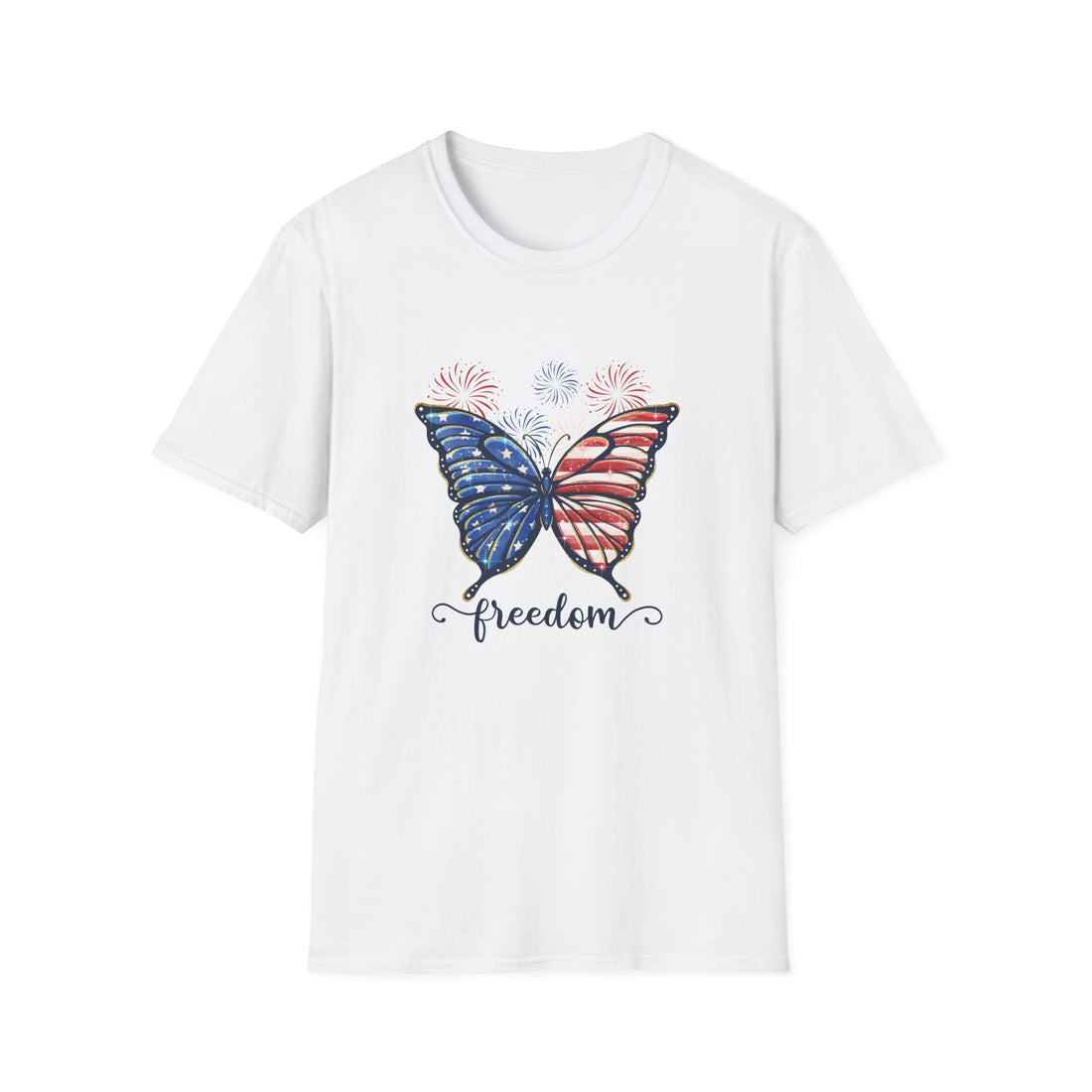 Butterfly Freedom Tee with American flag colors and fireworks – front view