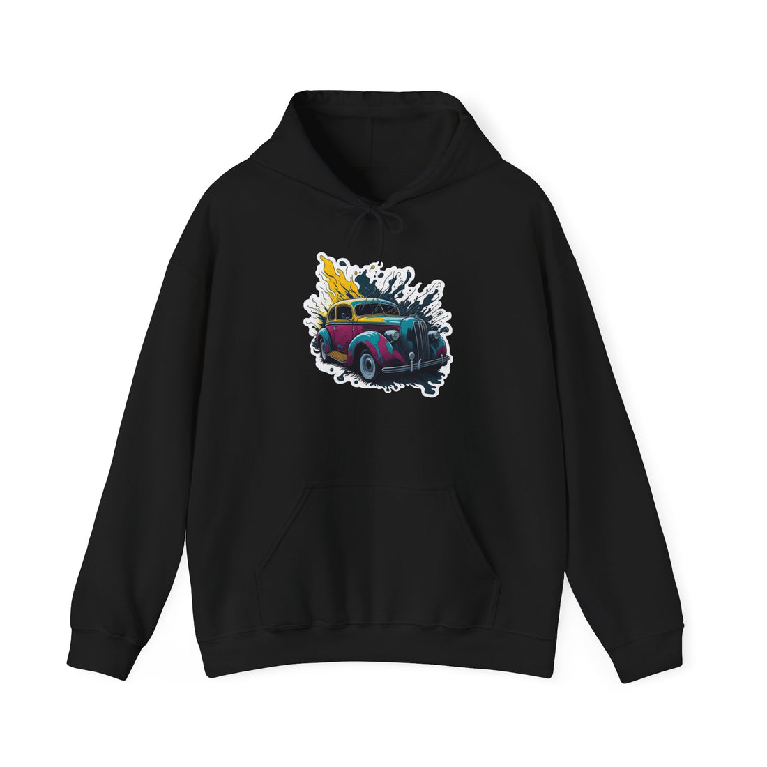 Front view of retro car hoodie with vintage graphic for car lovers