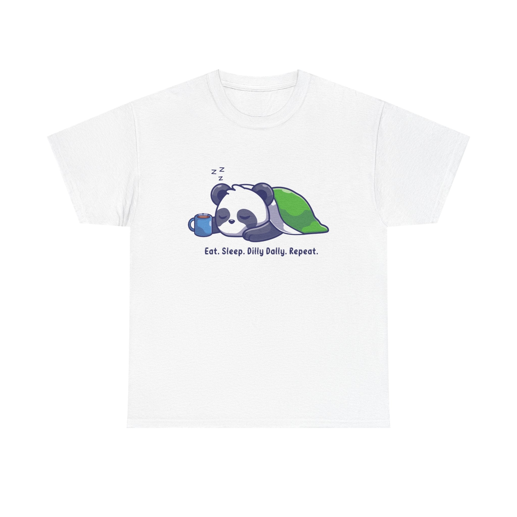 Front view of Dilly Dally shirt with panda graphic and chill message