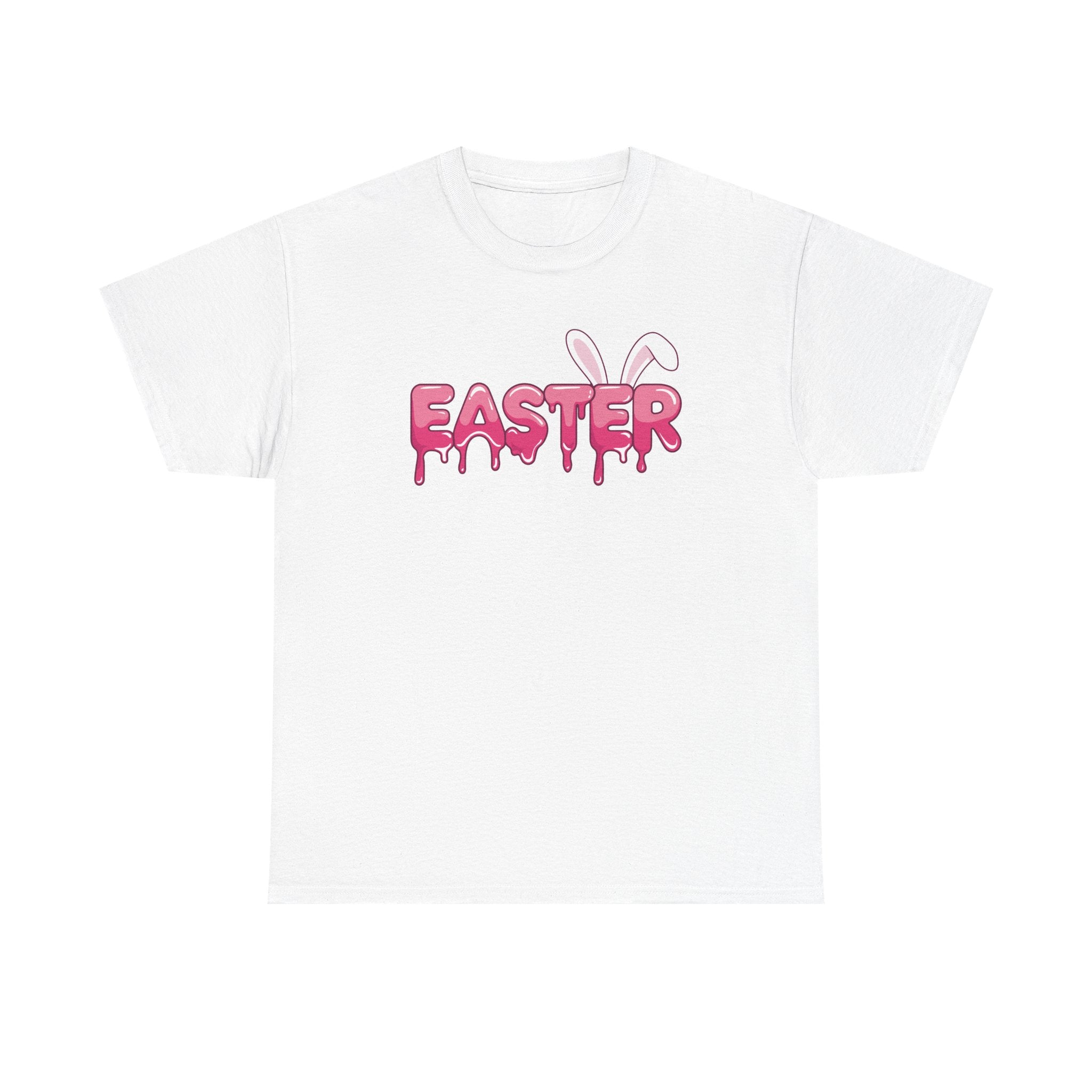 Front view of Easter shirt with colorful bunny graphic design