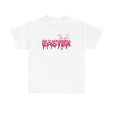 Front view of Easter shirt with colorful bunny graphic design