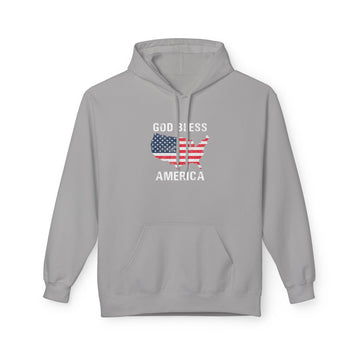 Front view of God Bless America hoodie with USA map graphic