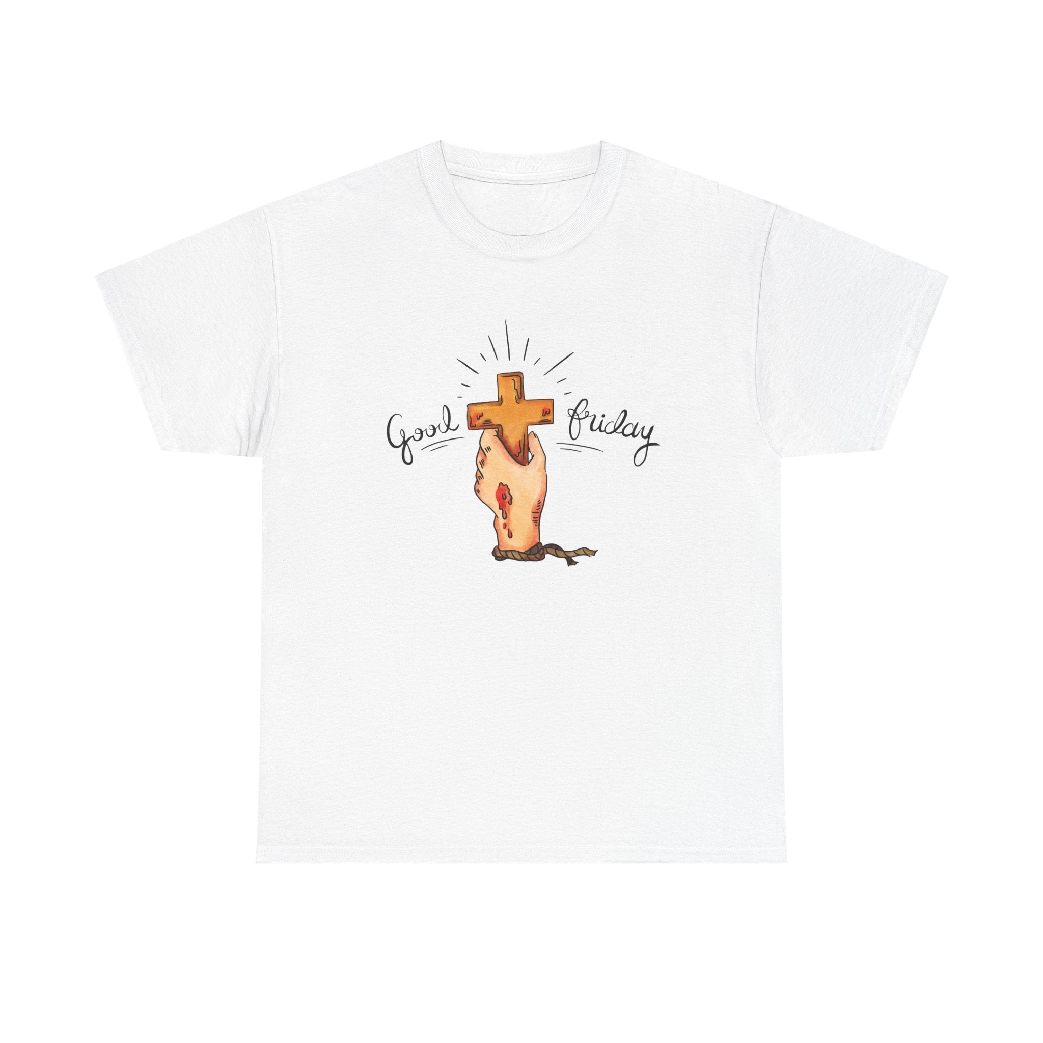 Front view of Good Friday 2025 tee with cross and hand design