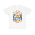 Front view of Gulf of America shirt with beach graphic and patriotic theme