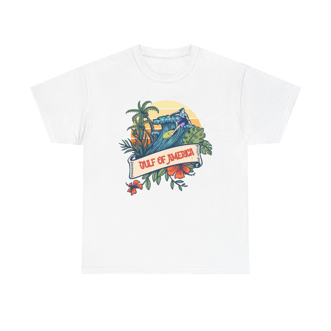 Front view of Gulf of America shirt with retro summer graphic