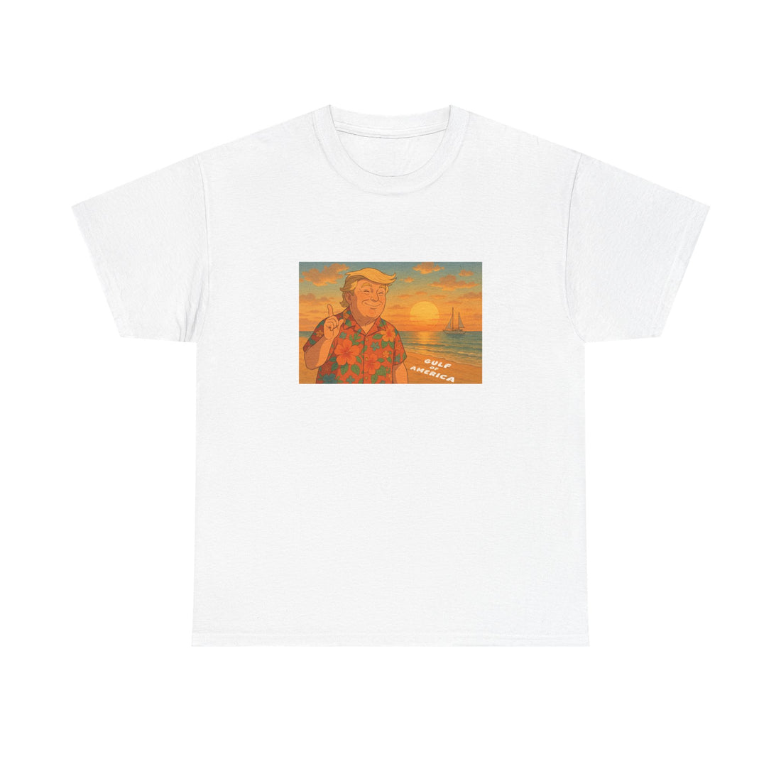 Front view of Gulf of America shirt with retro sunset design