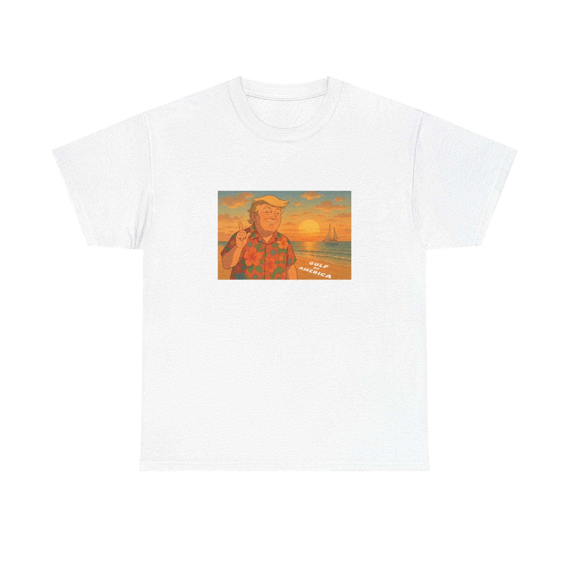 Front view of Gulf of America shirt with retro sunset design