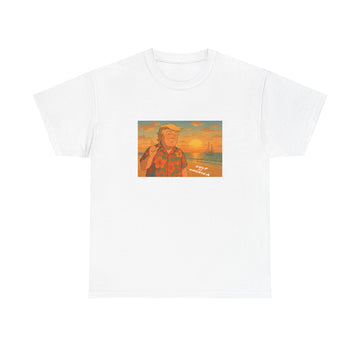 Front view of Gulf of America shirt with retro sunset design