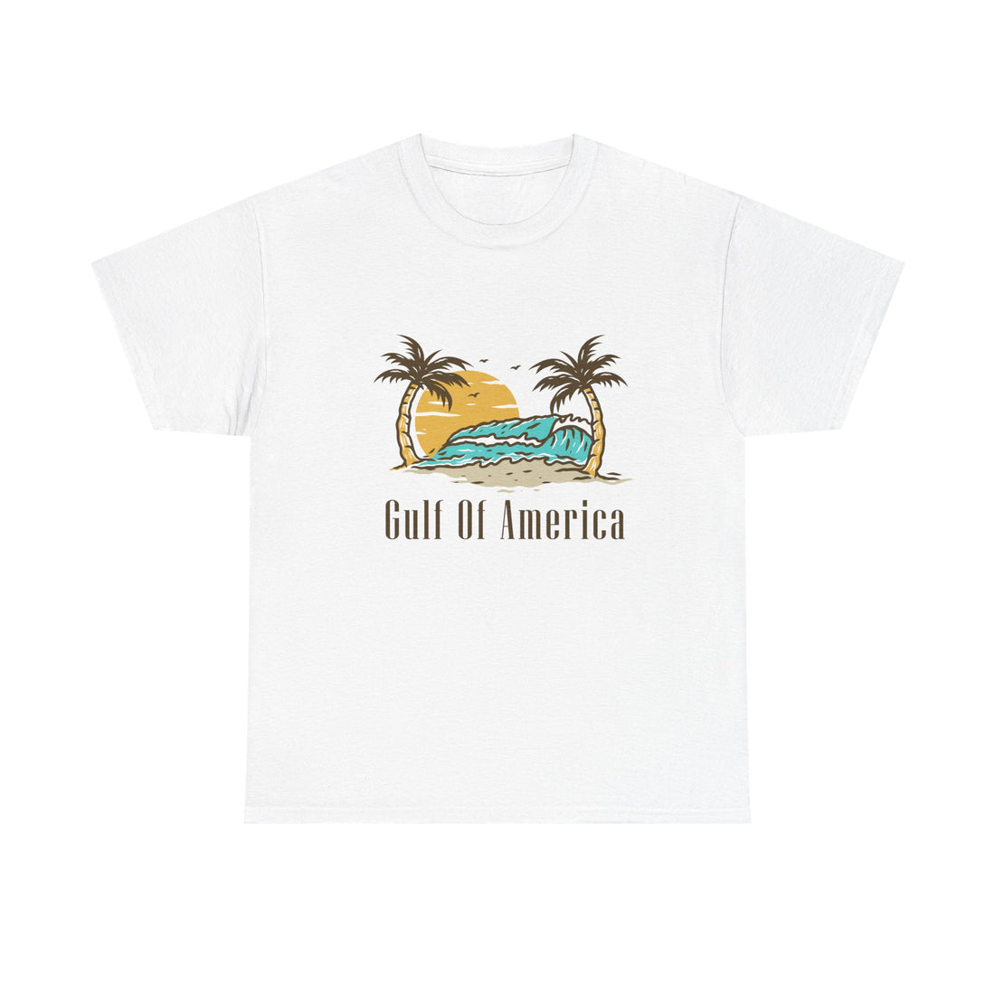 Front view of Gulf of America shirt with tropical beach graphic
