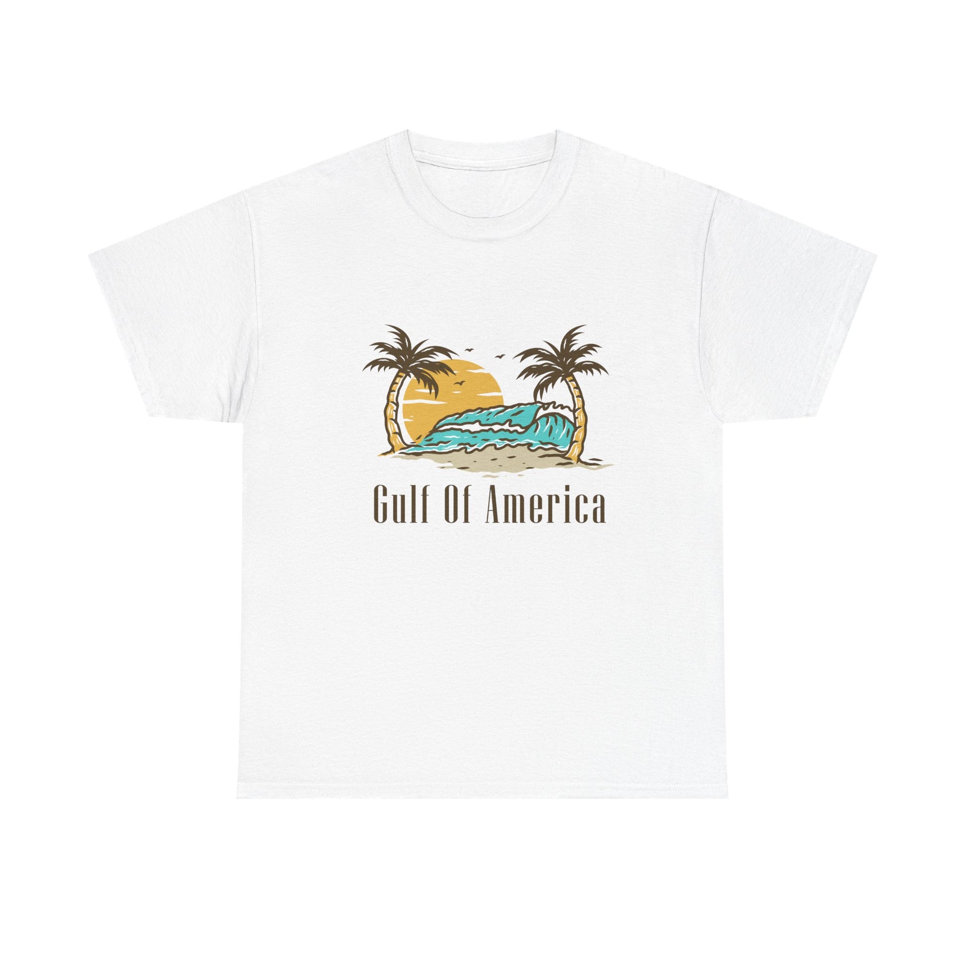 Front view of Gulf of America shirt with tropical beach graphic