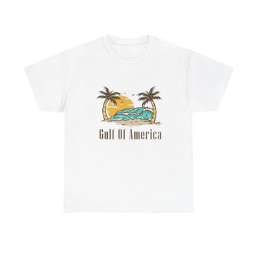 Front view of Gulf of America shirt with tropical beach graphic
