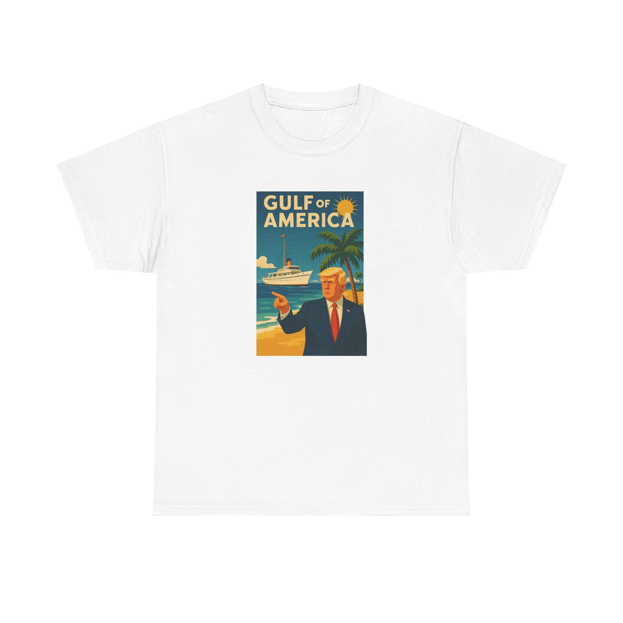 Front view of Gulf of America shirt with vintage beach graphic