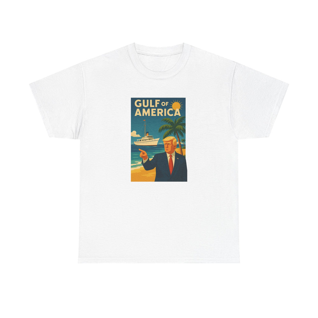 Front view of Gulf of America shirt with vintage beach graphic