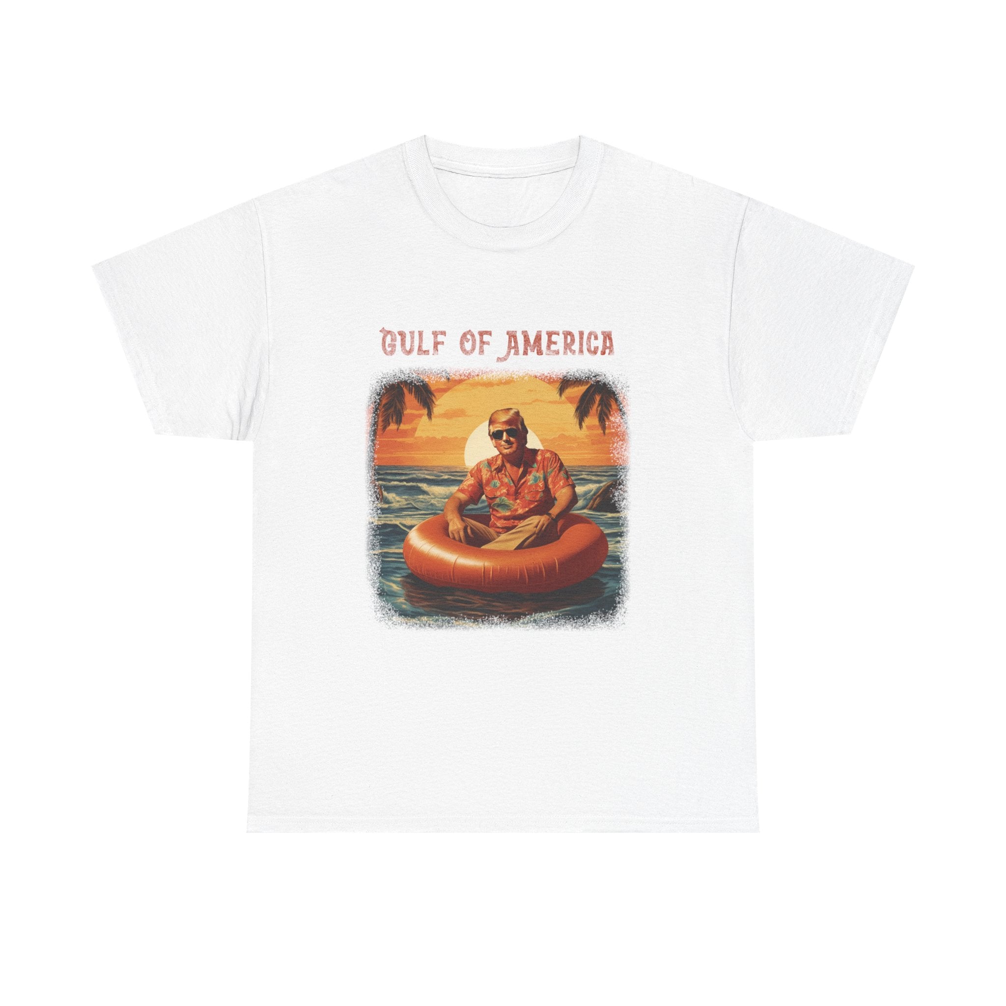 Front view of Gulf of America shirt with retro beach and patriotic design