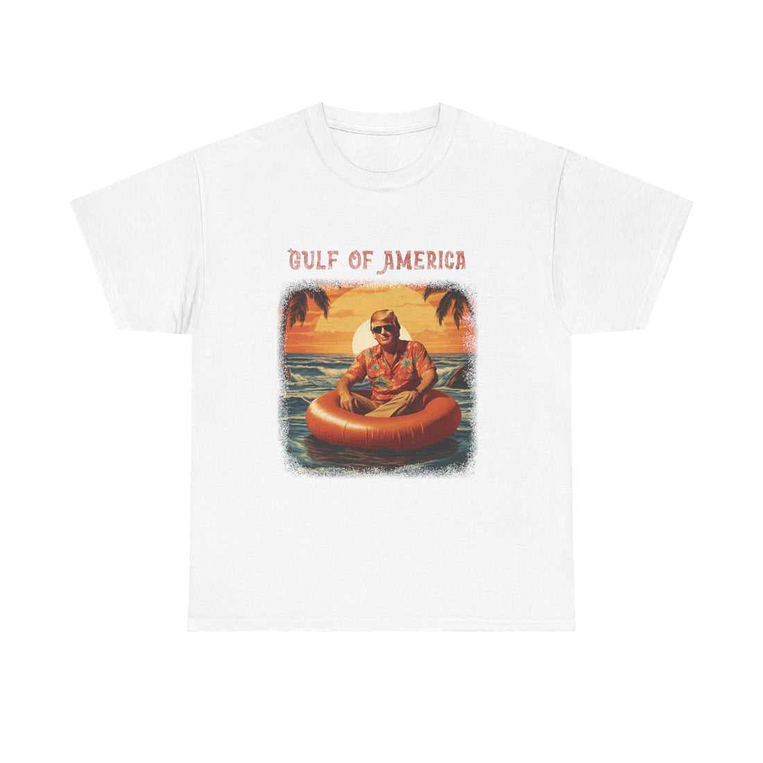 Front view of Gulf of America shirt with retro beach and patriotic design