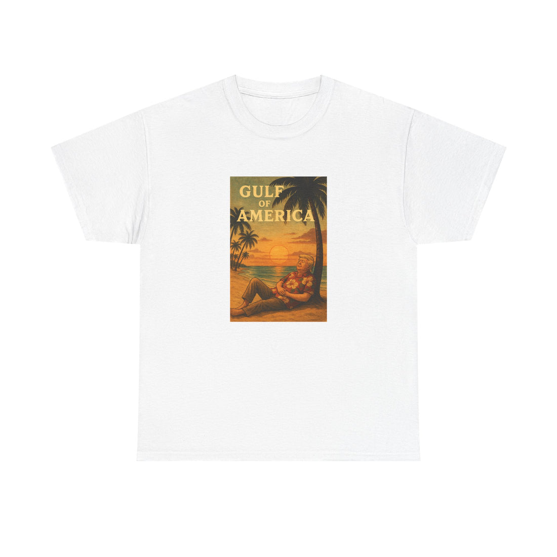 Front view of Gulf of America shirt with vintage beach design