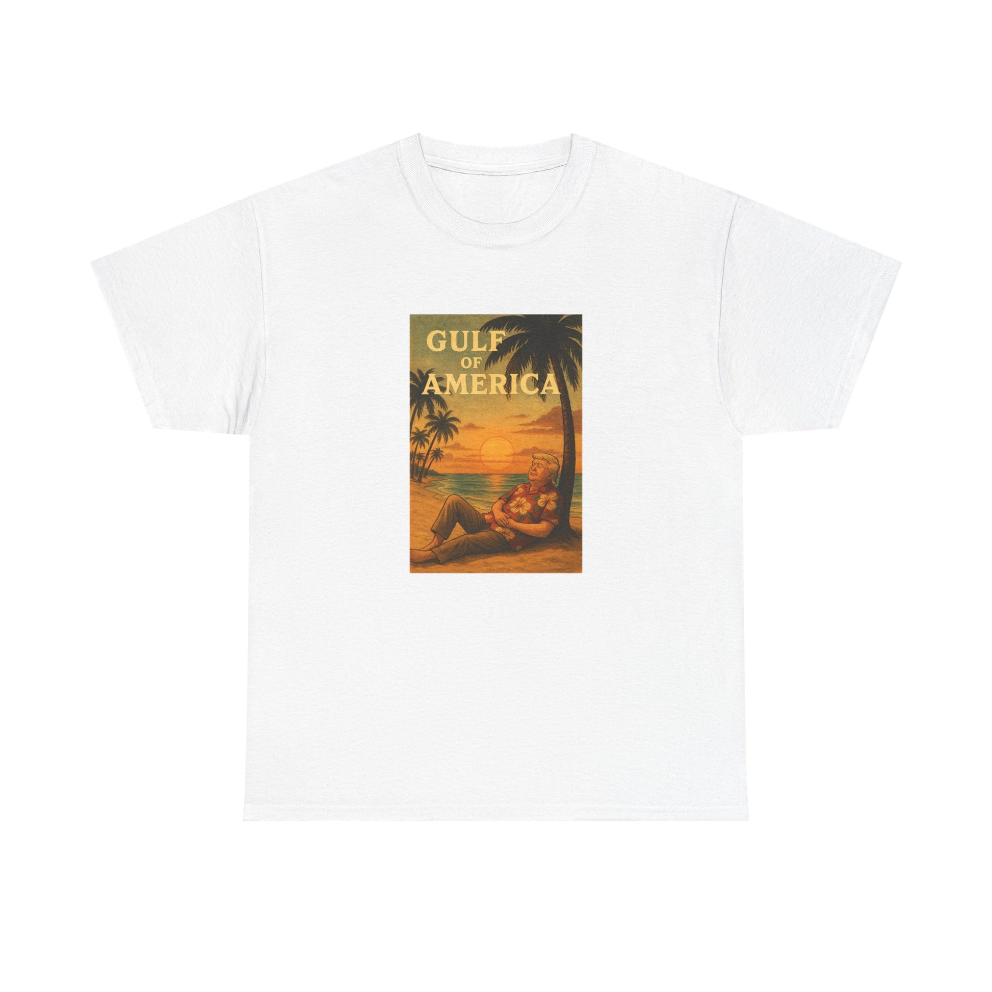 Front view of Gulf of America shirt with vintage beach design