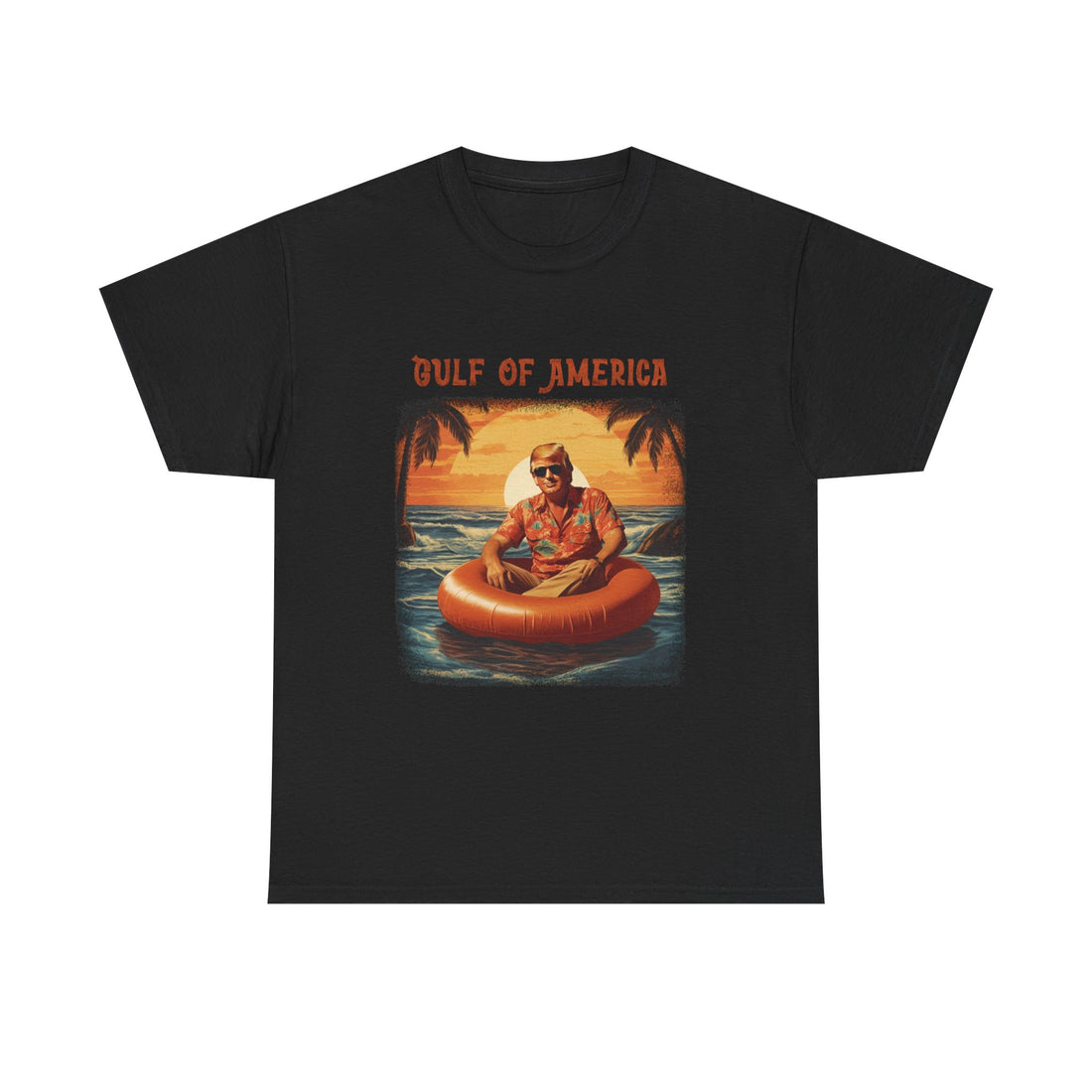 Front view of Gulf of America shirt with retro beach and patriotic design