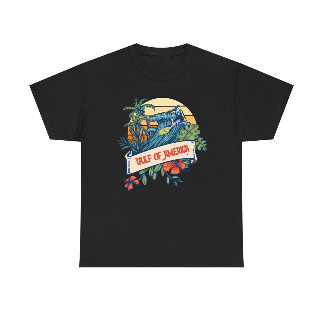 Front view of Gulf of America shirt with retro summer graphic