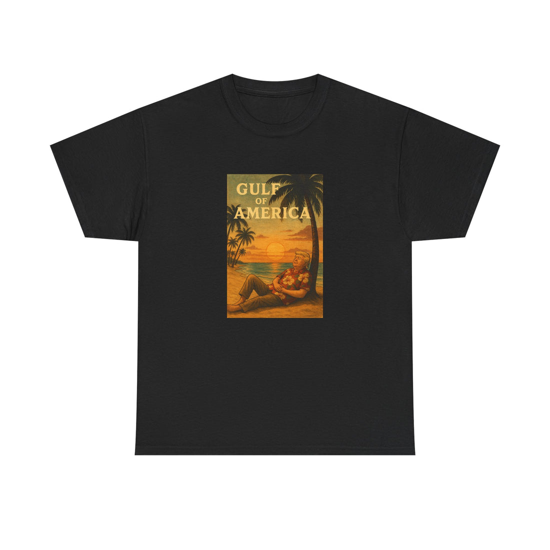 Front view of Gulf of America shirt with vintage beach design