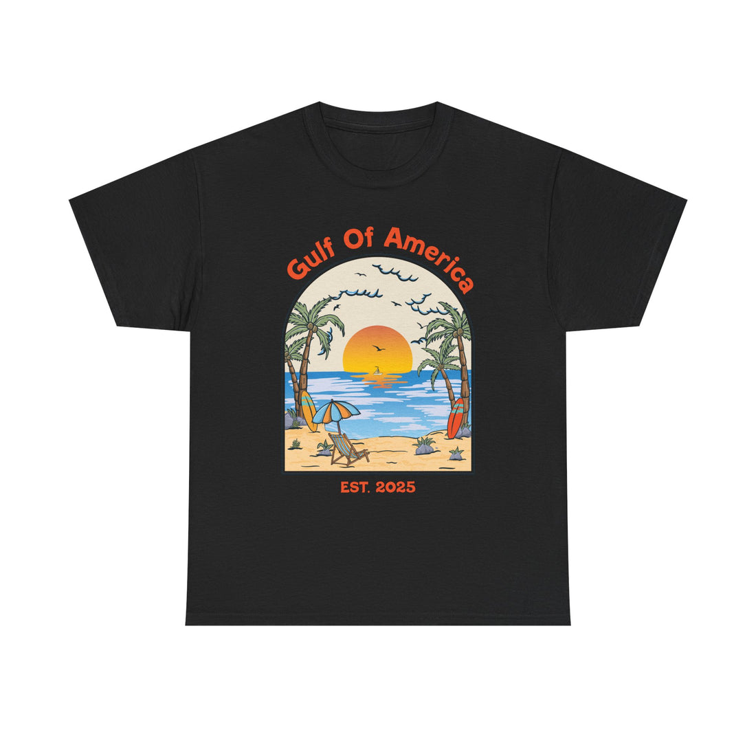 Front view of Gulf of America shirt with beach graphic and patriotic theme