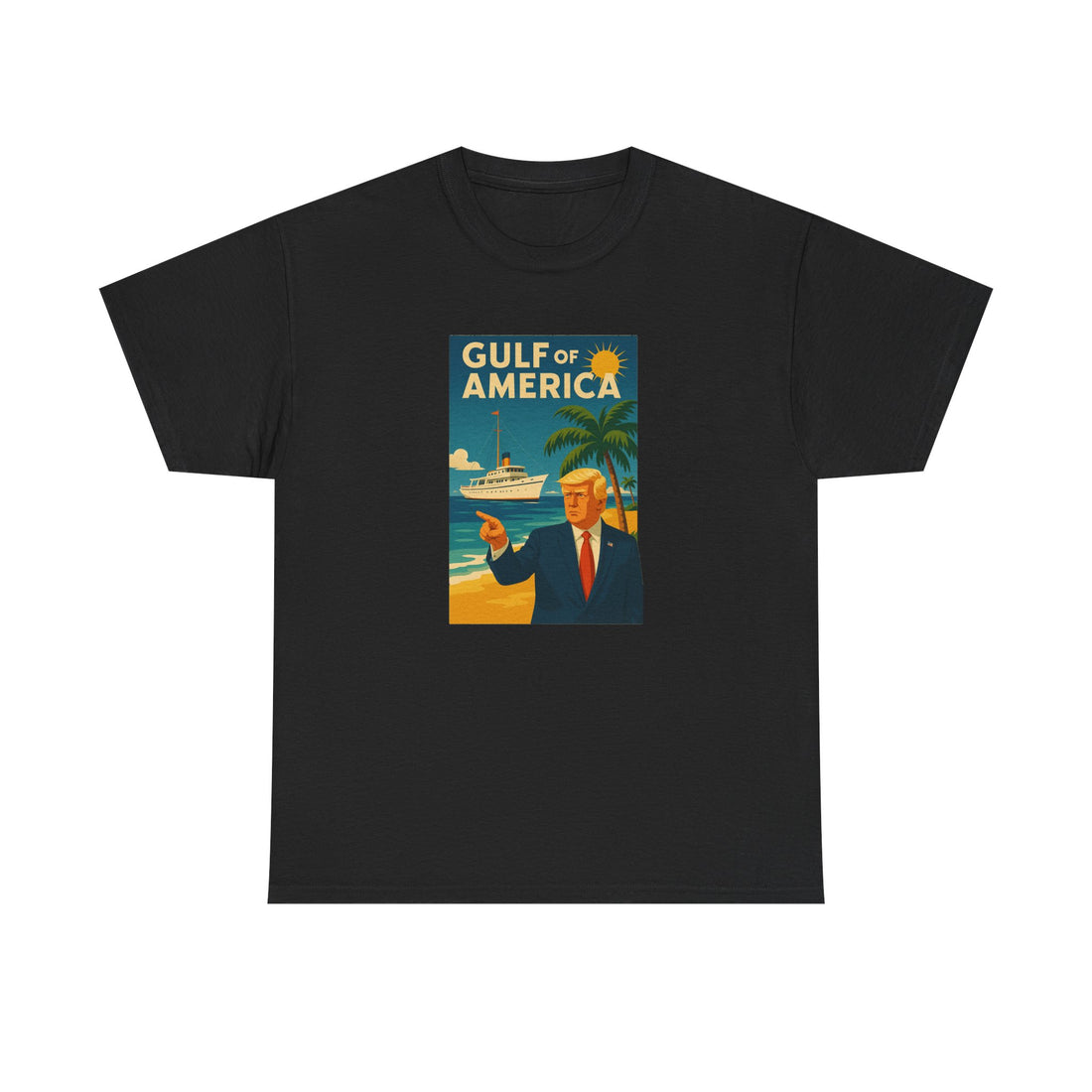 Front view of Gulf of America shirt with vintage beach graphic