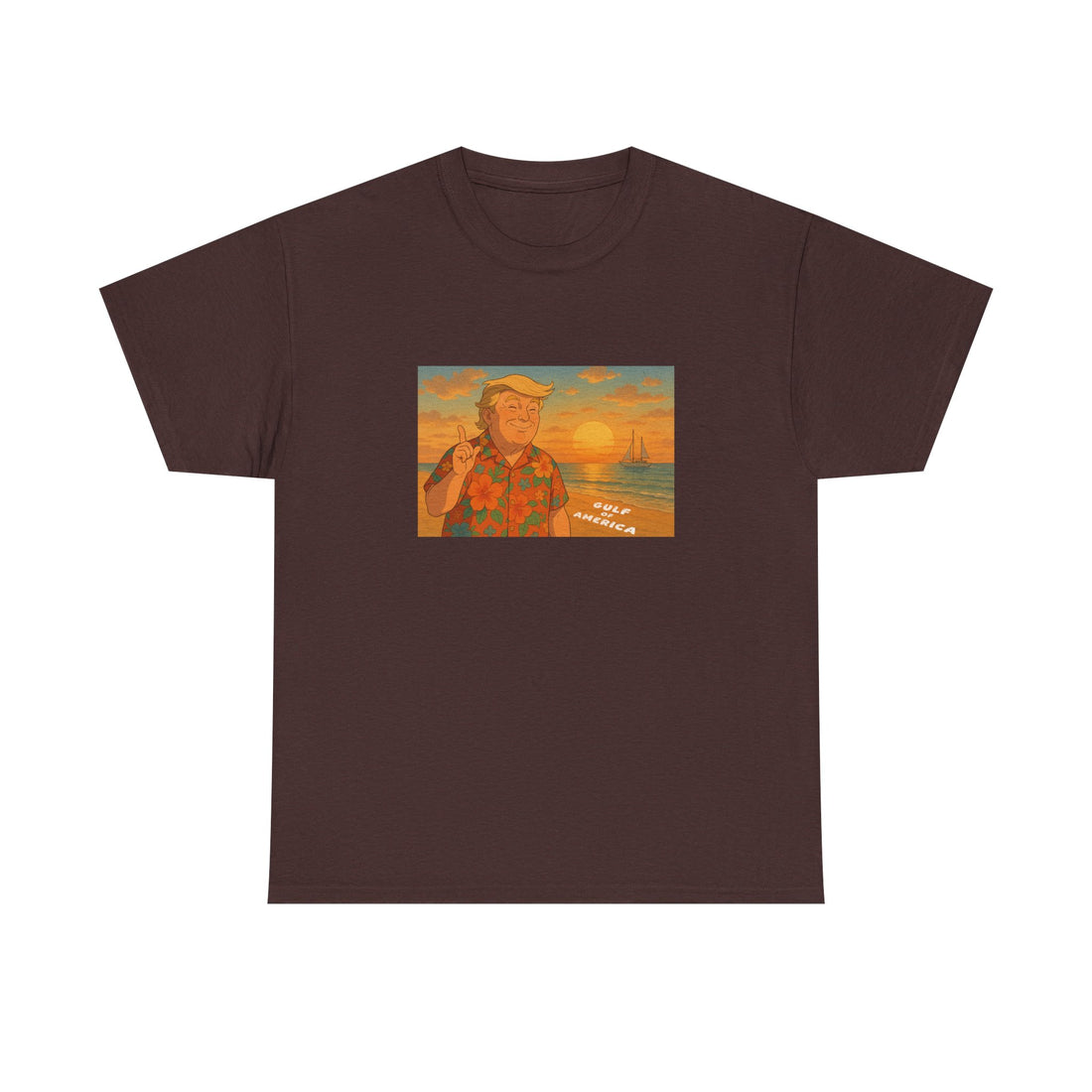 Front view of Gulf of America shirt with retro sunset design