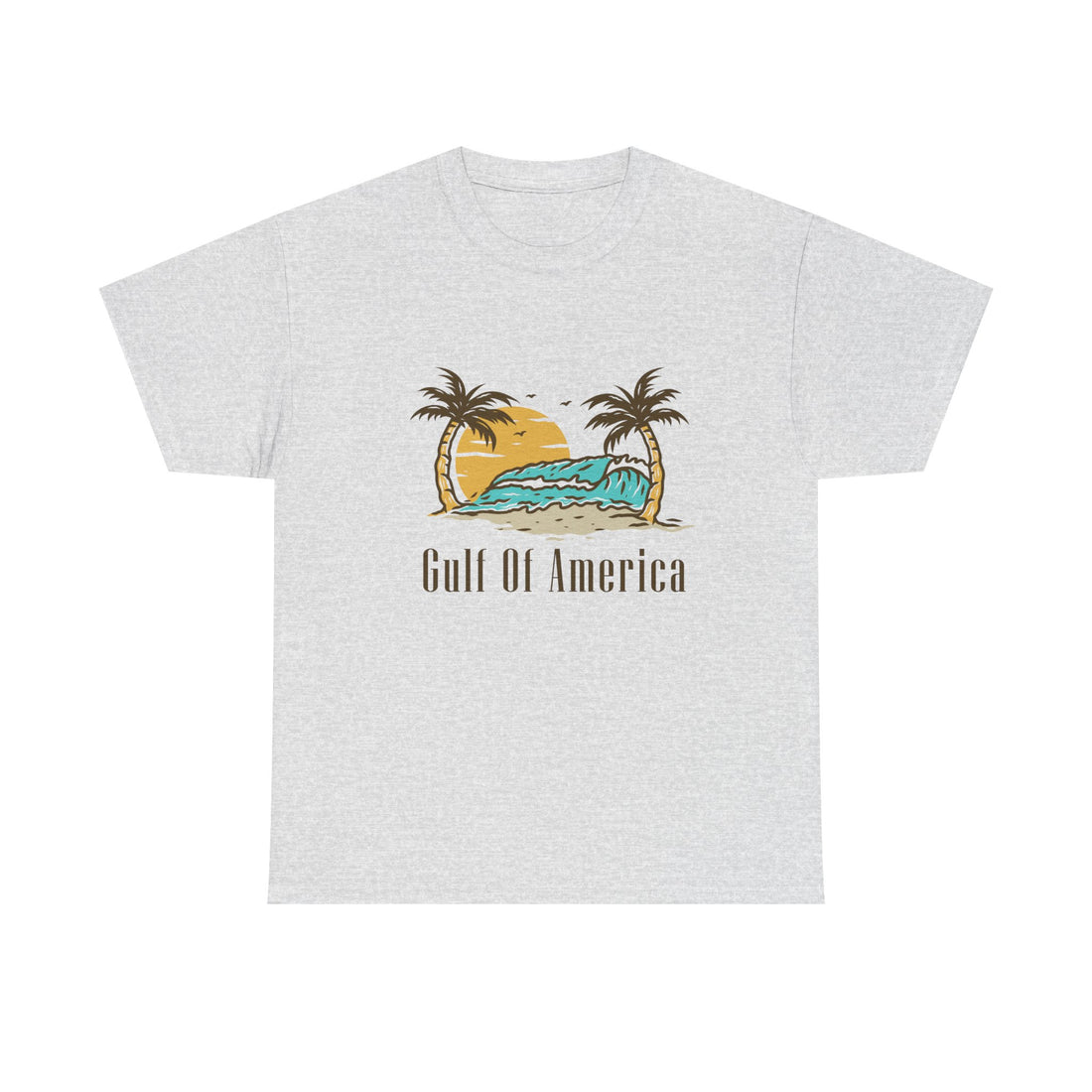 Front view of Gulf of America shirt with tropical beach graphic
